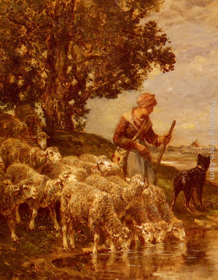A Shepherdess Watering Her Flock painting - Charles Emile Jacque A Shepherdess Watering Her Flock art painting